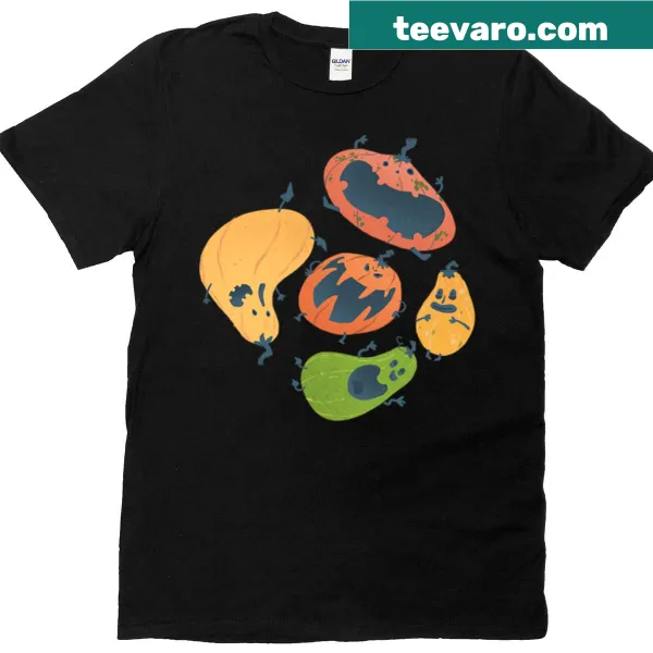 Cartoon pumpkins with quirky expressions for Halloween-themed t-shirt