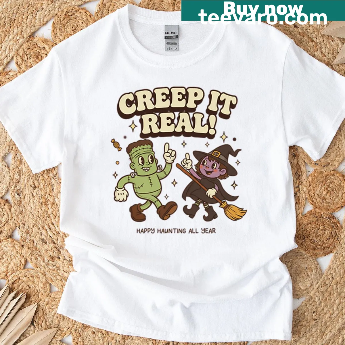 Retro Halloween t-shirt featuring Frankenstein and a witch with humorous text — on a men's t-shirt