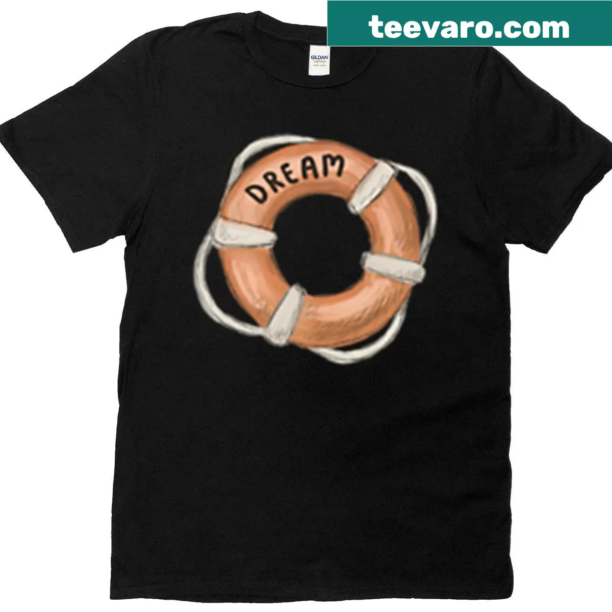 T-shirt featuring a cruise ship life ring design — on a men's t-shirt