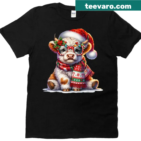 Highland cow decorated for Christmas on a t-shirt