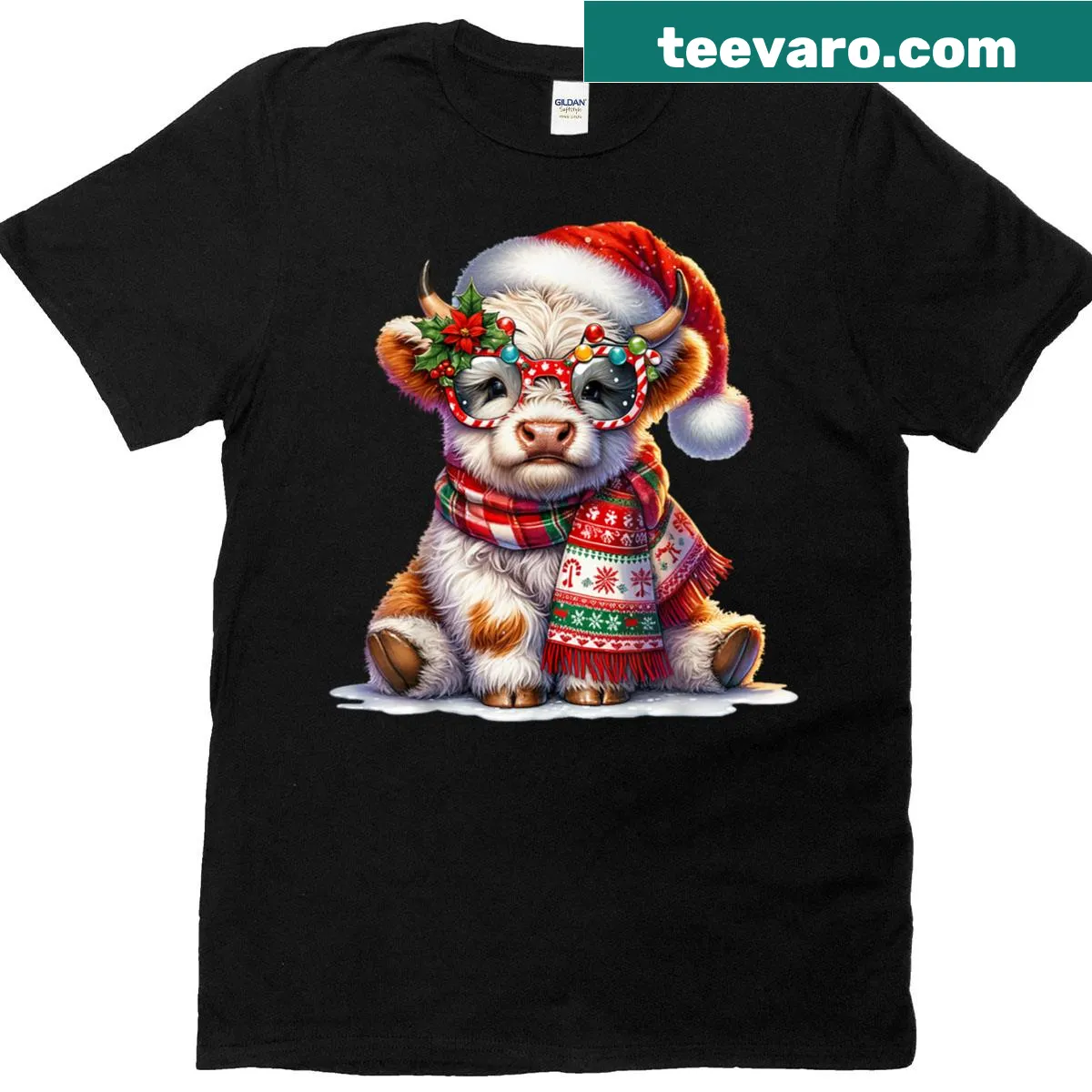 Highland cow decorated for Christmas on a t-shirt — on a men's t-shirt