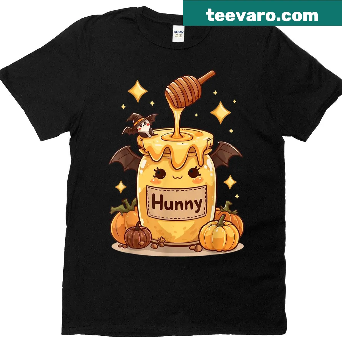 Cartoon honey jar graphic on a Halloween-themed t-shirt — on a men's t-shirt