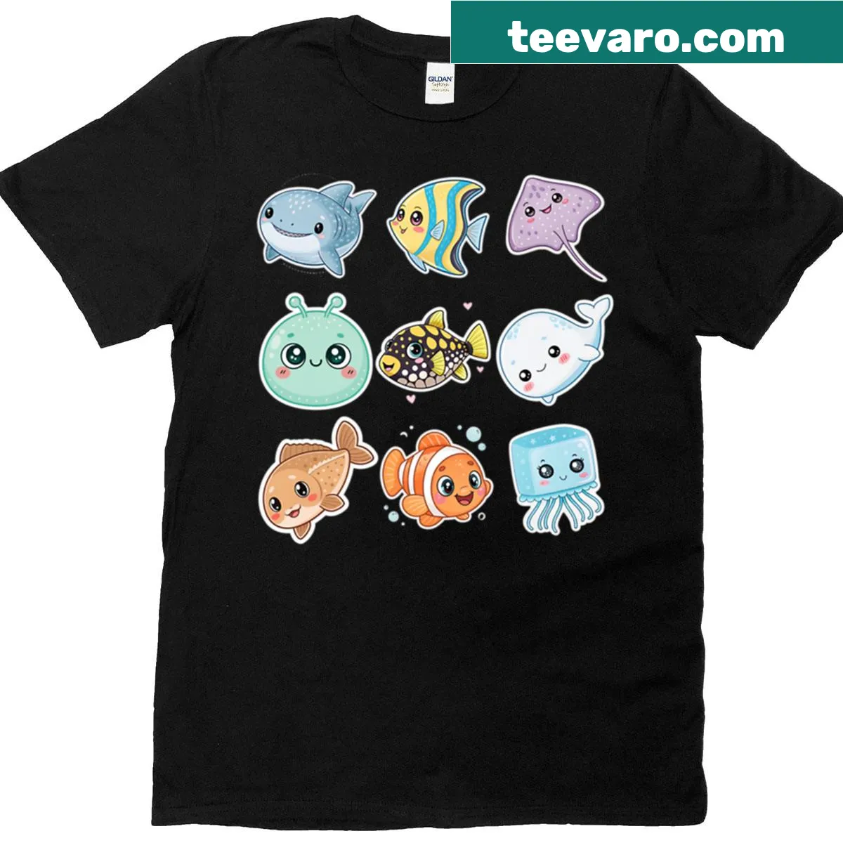 Adorable kawaii ocean animals printed on a t-shirt — on a men's t-shirt