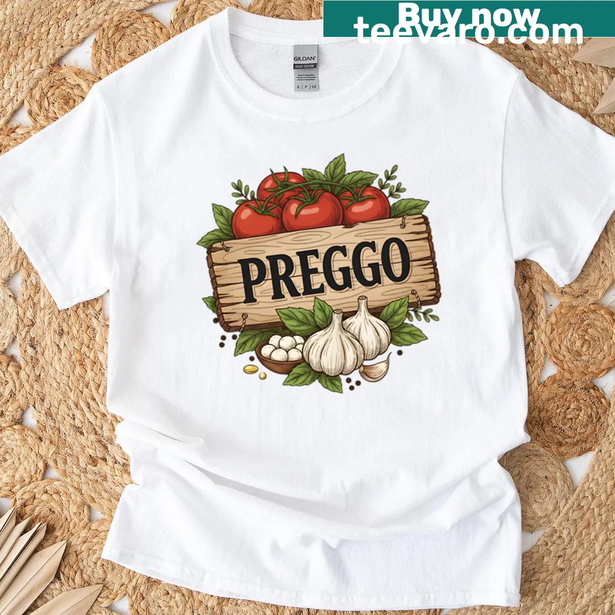 Pregnancy announcement shirt with a playful 'preggo sauce' graphic — on a men's t-shirt