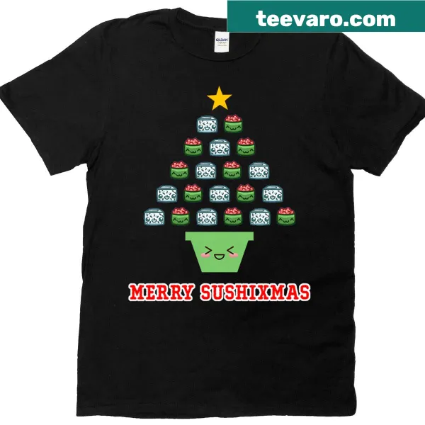 Cute sushi characters in Christmas attire for festive t-shirt
