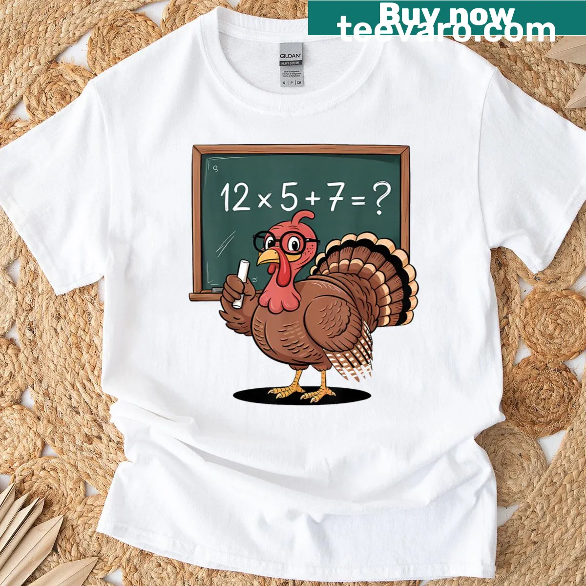 Thanksgiving themed t-shirt for teachers featuring a cute turkey illustration — on a men's t-shirt