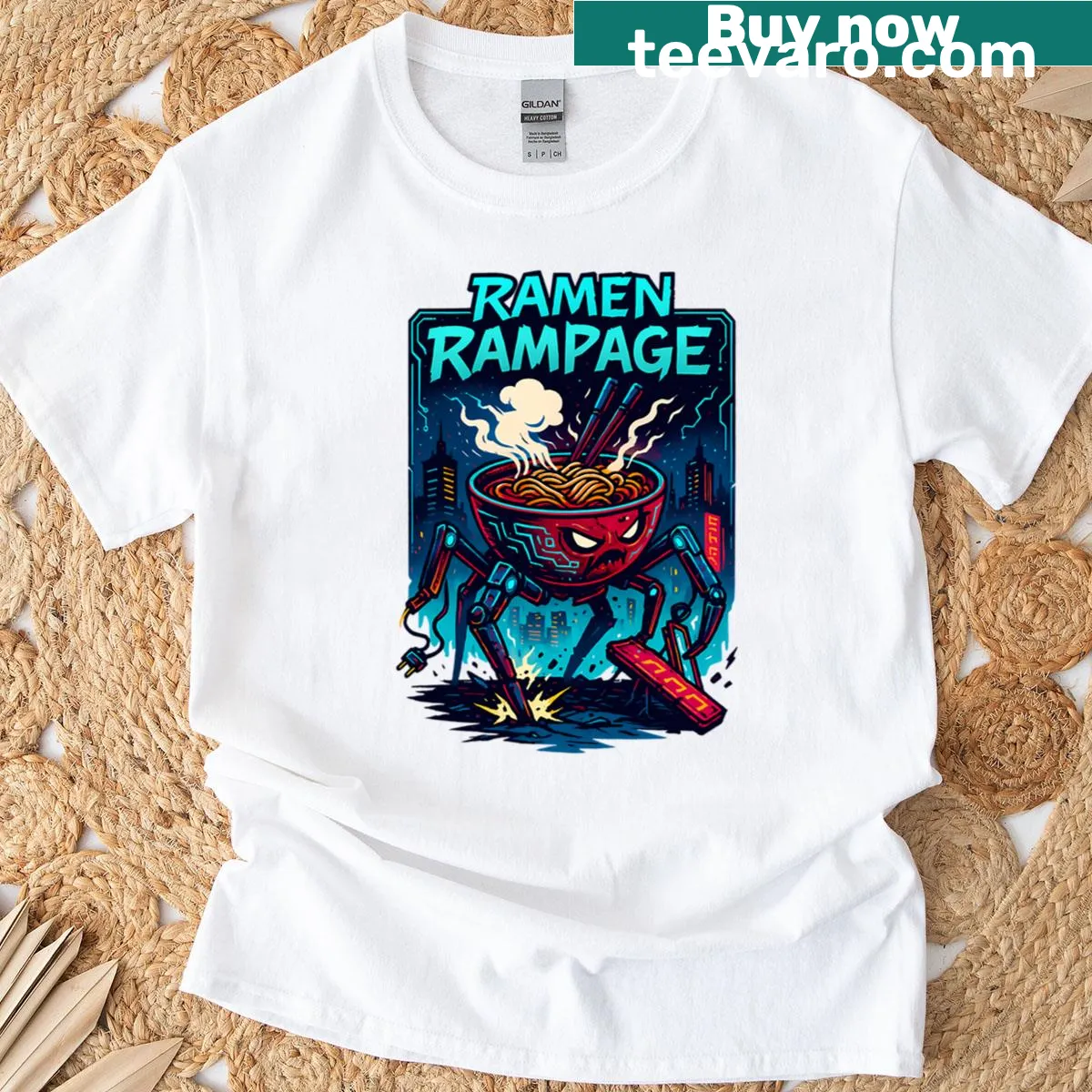 Cyberpunk ramen-themed t-shirt with neon cityscape and spider design. — on a men's t-shirt