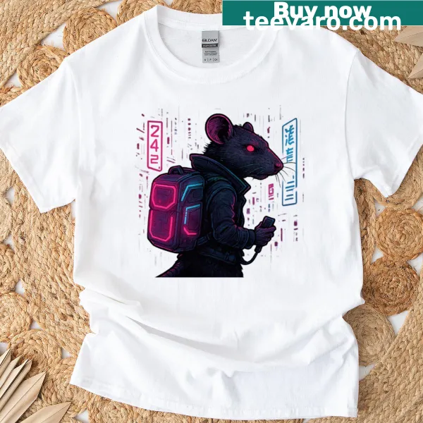 T-shirt featuring a cyberpunk rat courier with a neon backpack.