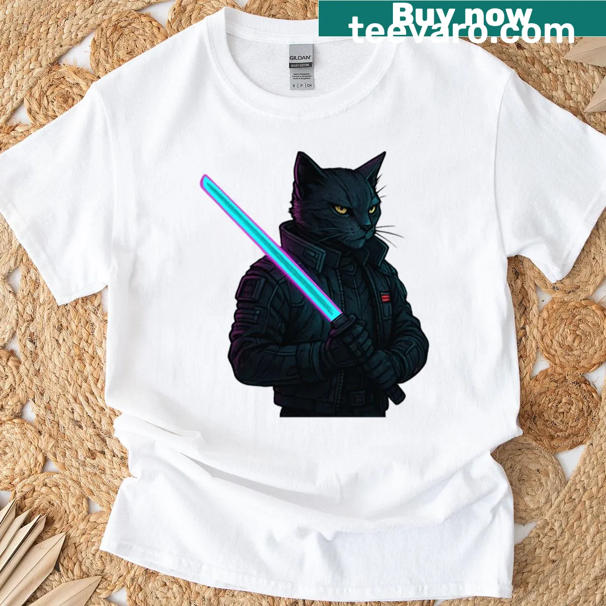 Graphic of a cat samurai with a neon katana on a t-shirt — on a men's t-shirt