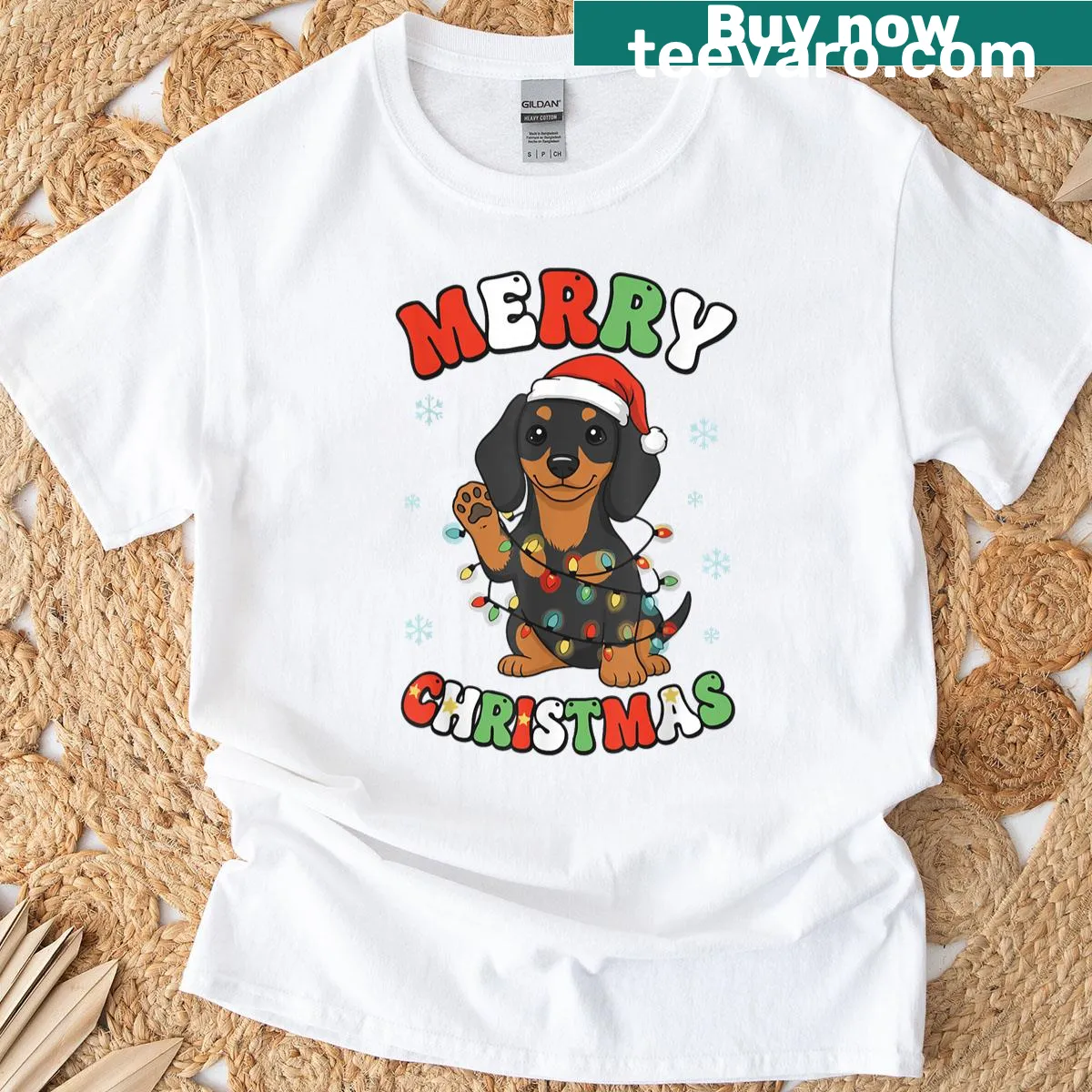 Cute dachshund Christmas T-shirt with Merry Christmas design — on a men's t-shirt