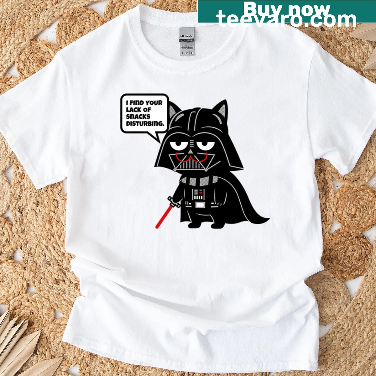 Cat as Darth Vader with funny snack-themed text — on a men's t-shirt