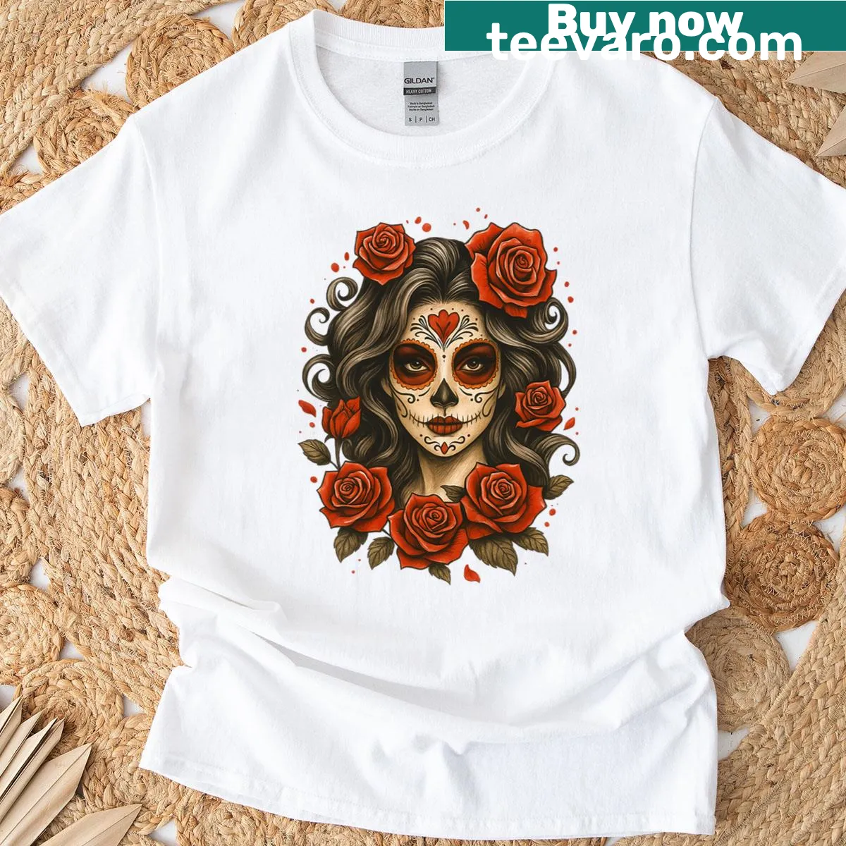 La Catrina sugar skull T-shirt for Día de los Muertos — on a men's t-shirt