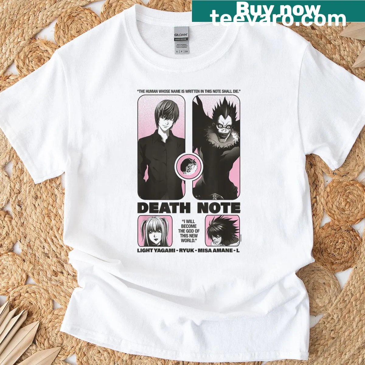 Death Note anime t-shirt featuring reimagined character poster and apple — on a men's t-shirt