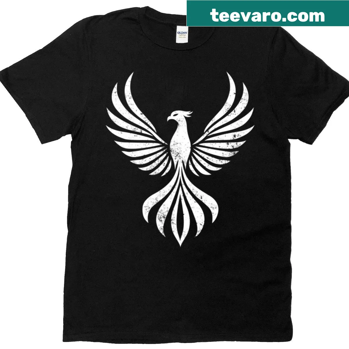 Grunge-style T-shirt featuring a rising phoenix design — on a men's t-shirt
