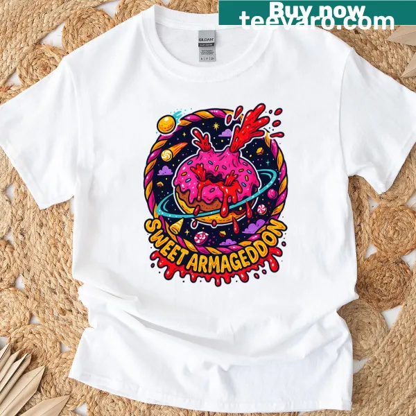 Whimsical t-shirt featuring a donut planet and candy lava design