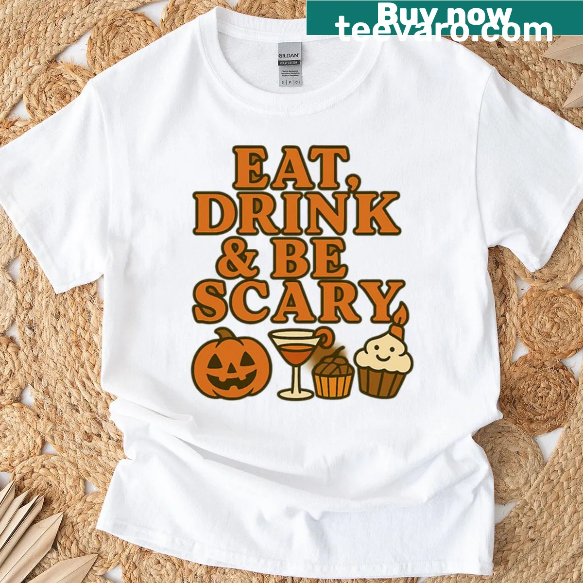 Funny Halloween shirt with the text Eat Drink Be Scary — on a men's t-shirt