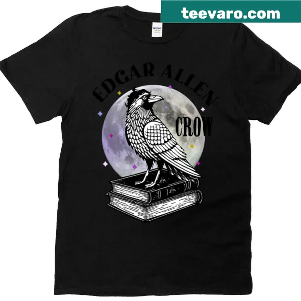 T-shirt with an illustrated crow and Edgar Allan Poe's name.