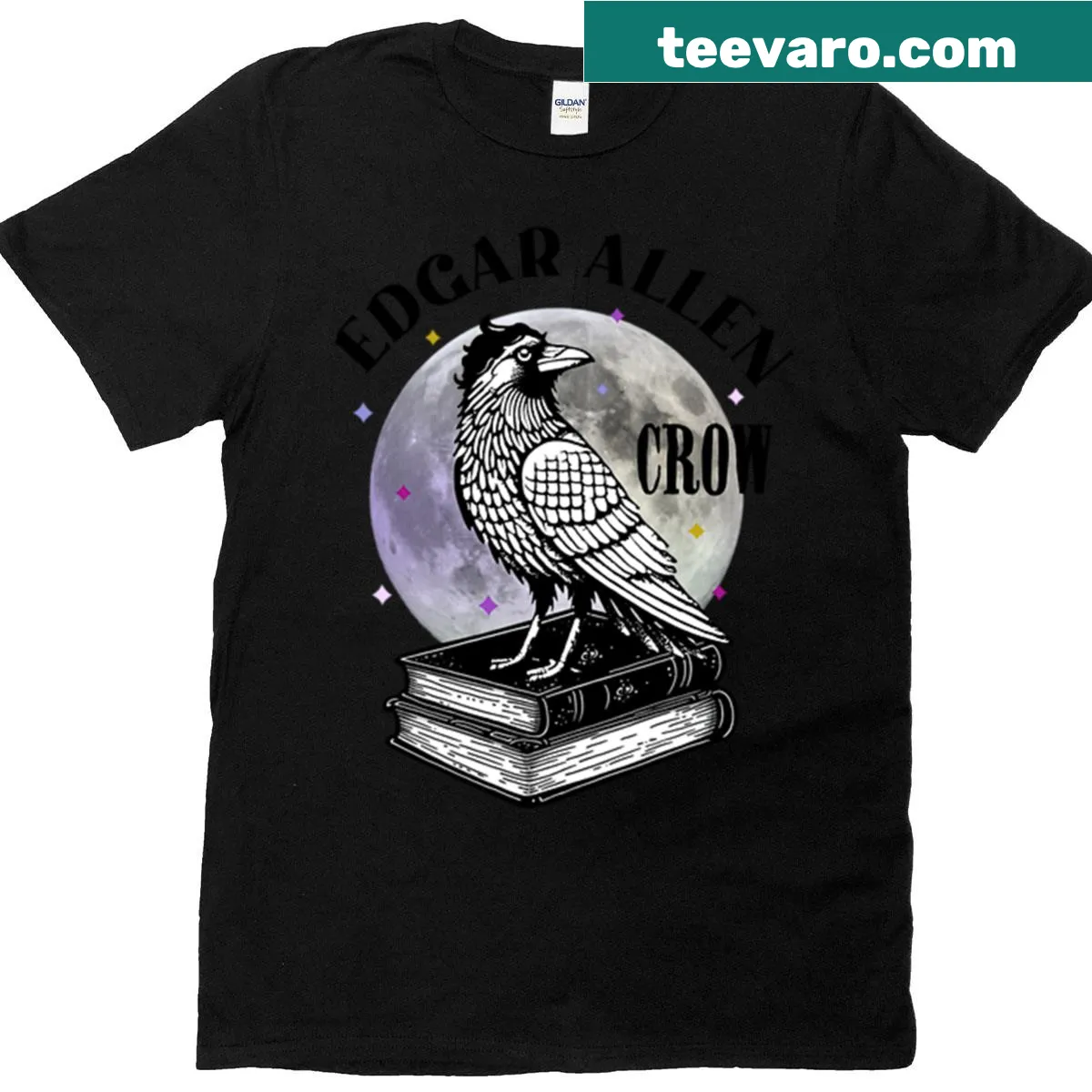 T-shirt with an illustrated crow and Edgar Allan Poe's name. — on a men's t-shirt