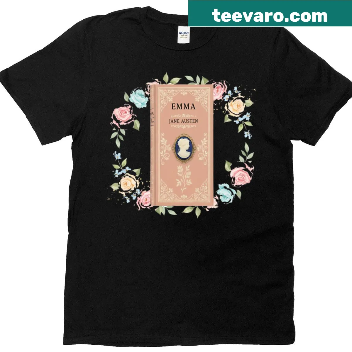 T-shirt featuring Jane Austen's Emma with a vintage cameo design — on a men's t-shirt