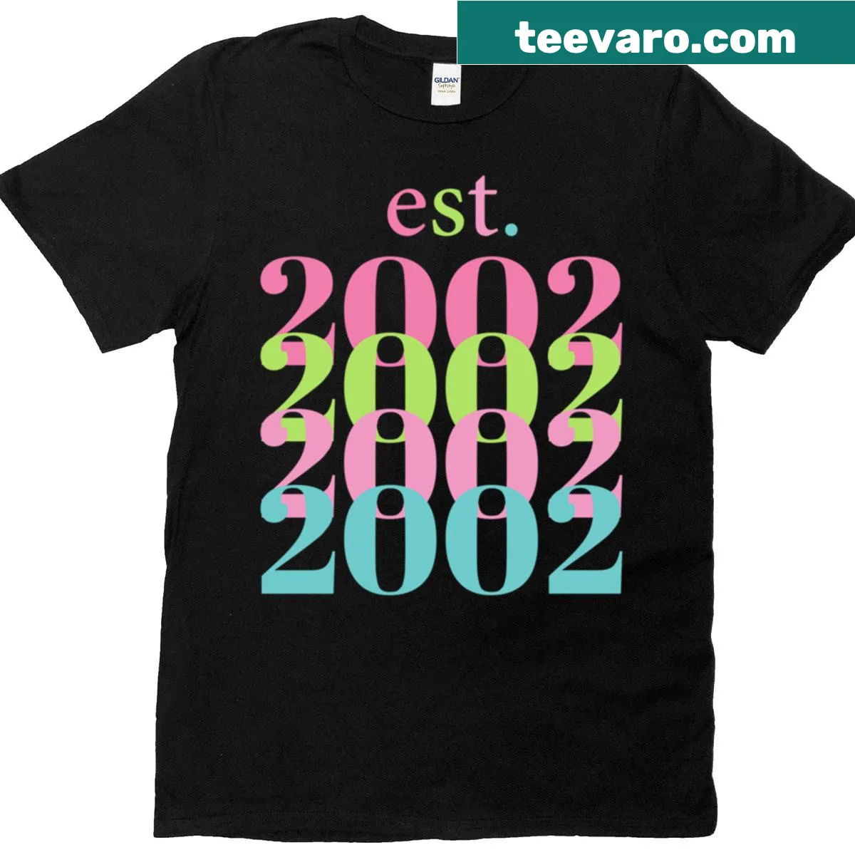Retro typography shirt with 'Est 2002' text in playful style. — on a men's t-shirt