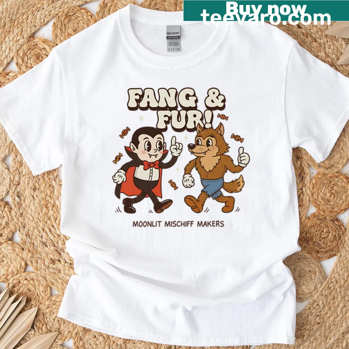 Retro monsters graphic with fangs for a Halloween T-shirt — on a men's t-shirt
