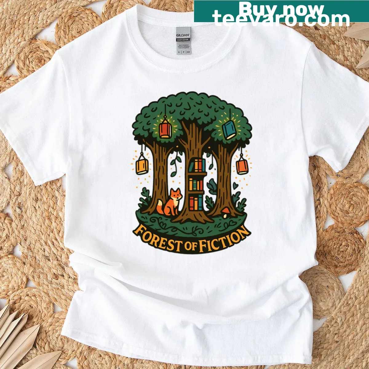 Woodland animals and books illustration in a magical forest setting — on a men's t-shirt