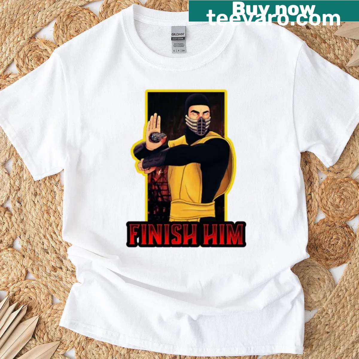 Retro fighting game tribute t-shirt with 'Finish Him' phrase — on a men's t-shirt