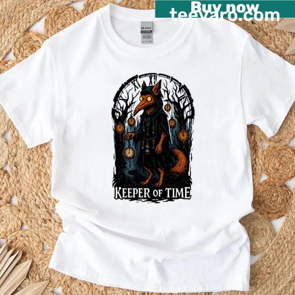 Surreal T-shirt featuring a fox in a plague doctor mask and clocks