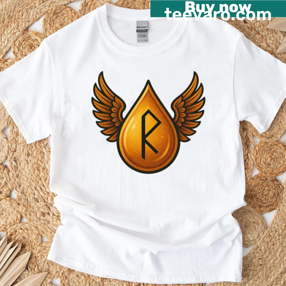Mythology-inspired T-shirt featuring Freyja's tears and gold design — on a men's t-shirt