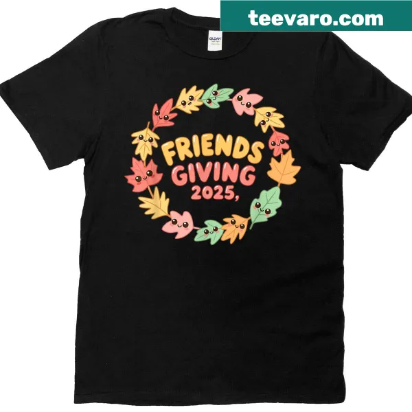Kawaii Friendsgiving shirt with cute fall leaves graphic.
