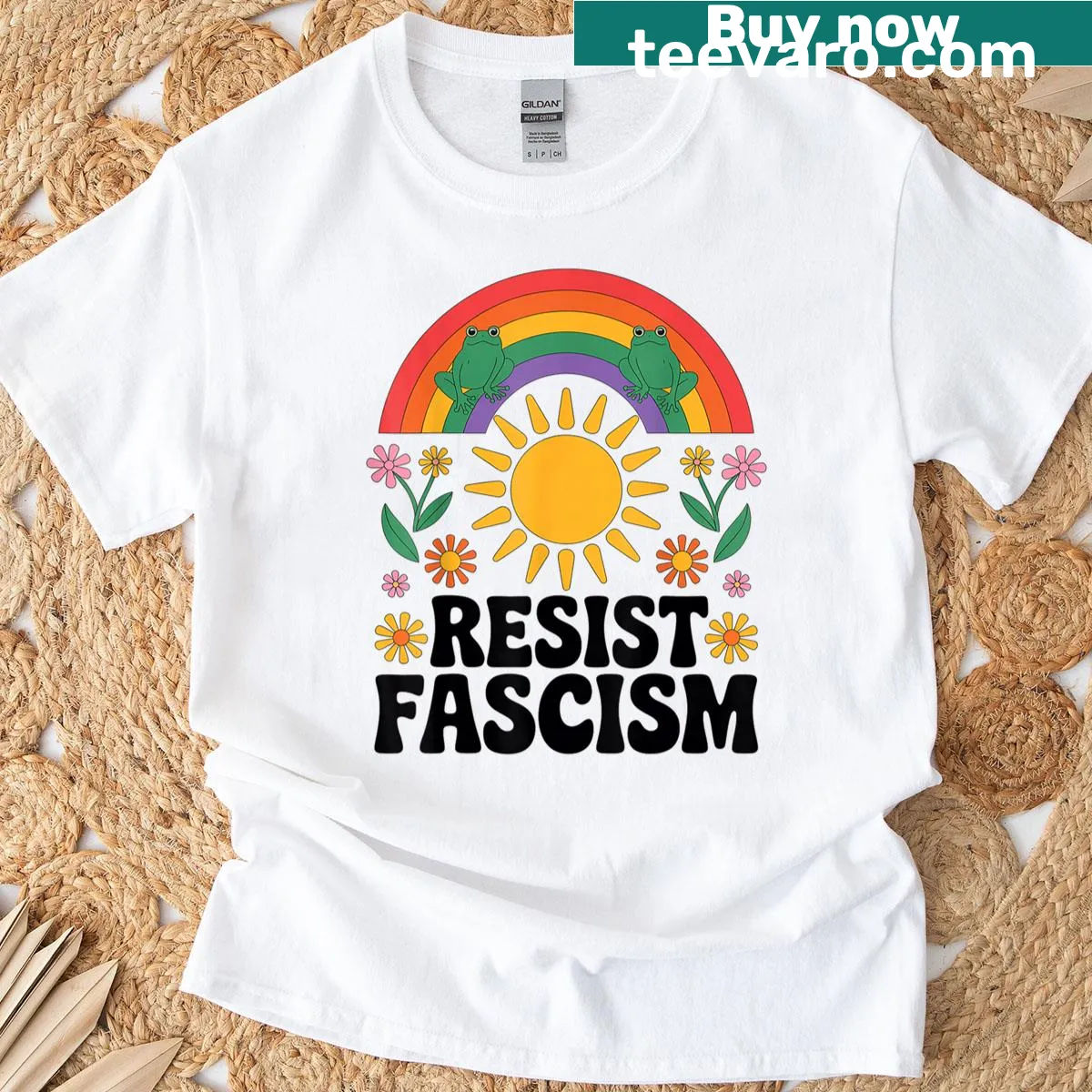 Retro T-shirt with a frog graphic and the phrase 'Frogs Resist Fascism' — on a men's t-shirt