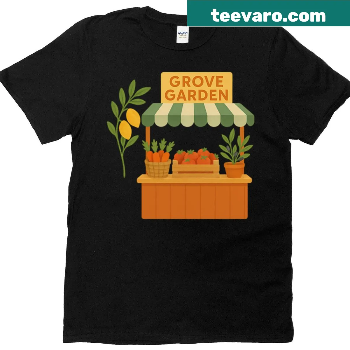 Illustration of a fruit stall in a garden setting on t-shirt — on a men's t-shirt