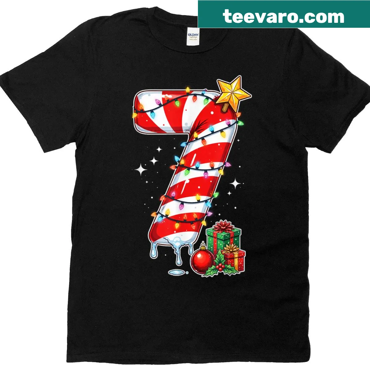 Couples Christmas shirt with fun '67' meme and tree lights graphic. — on a men's t-shirt