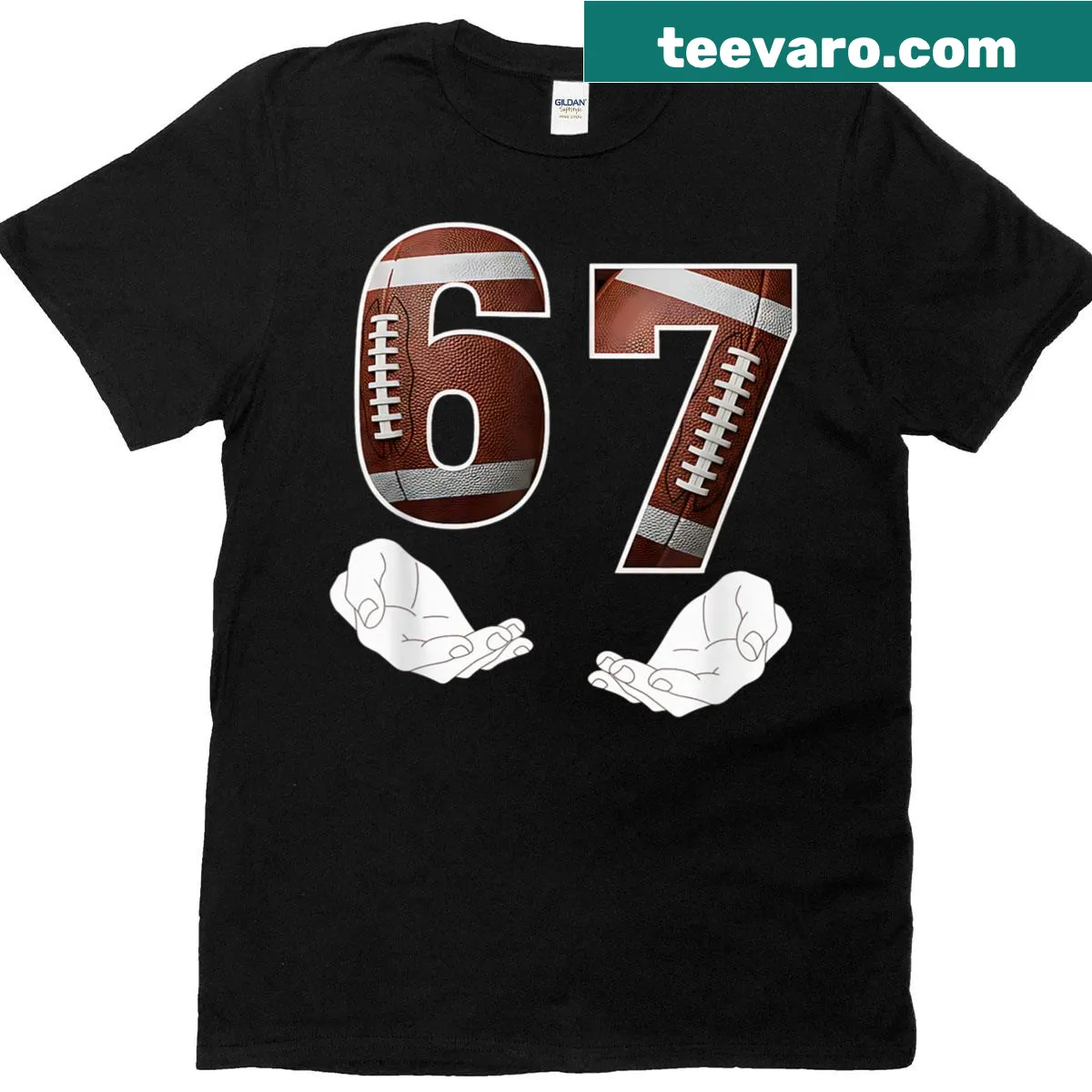 Funny football-themed T-shirt with six and seven meme design — on a men's t-shirt