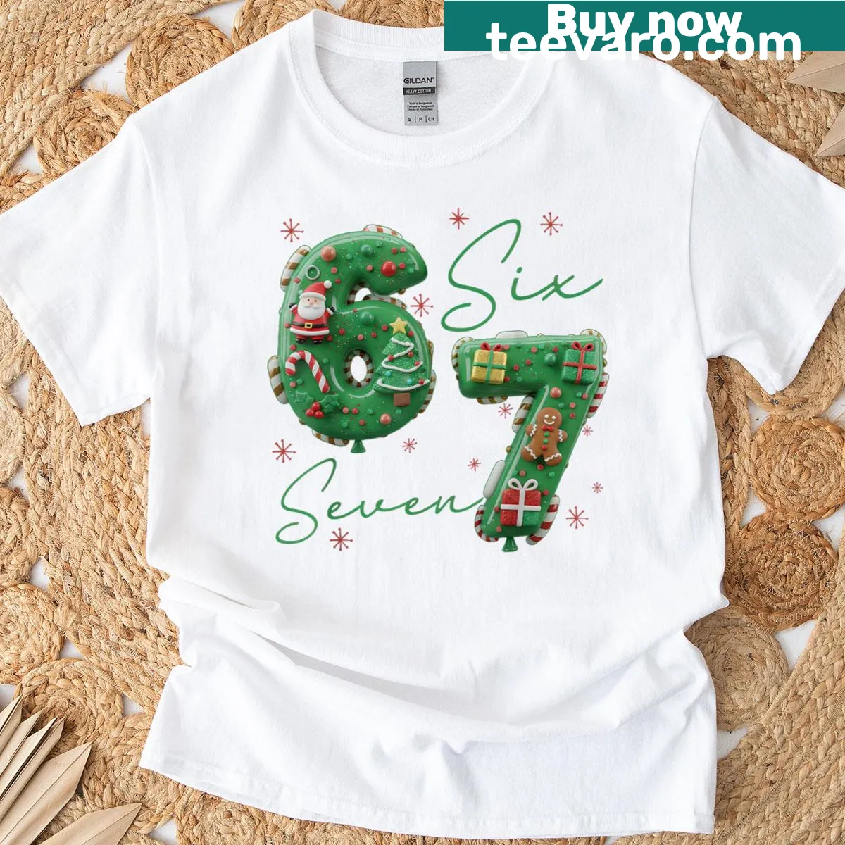 Funny Christmas T-shirt for kids featuring a Santa and the phrase '67 Six Seven' — on a men's t-shirt