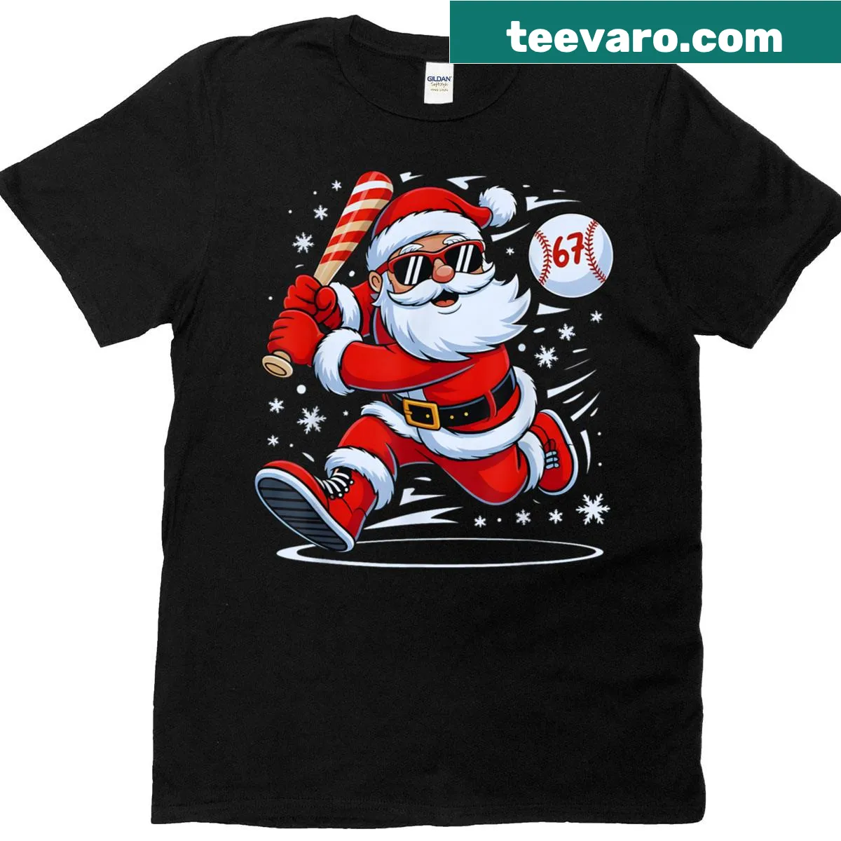 Funny cartoon t-shirt for boys featuring Santa in baseball attire — on a men's t-shirt