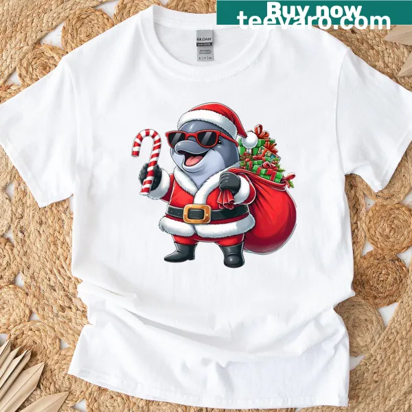 Cartoon dolphin in Santa outfit for Christmas kids T-shirt