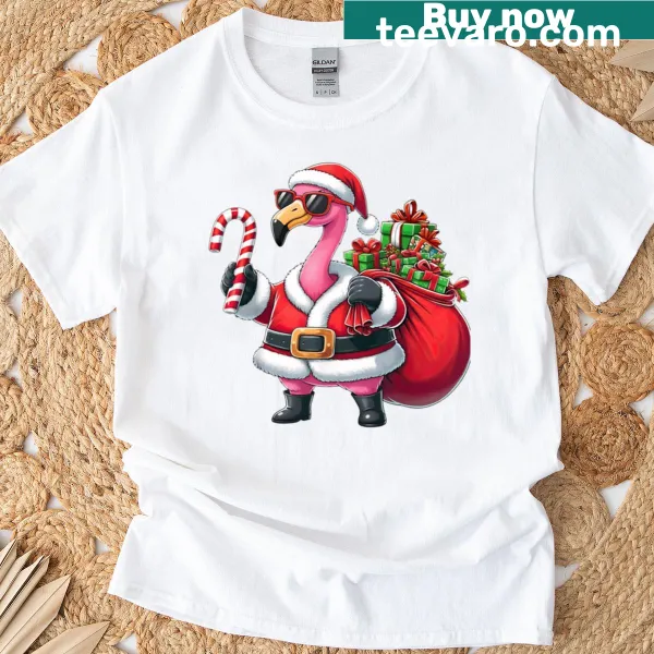 Cartoon flamingo in Santa outfit for kids' Christmas t-shirt