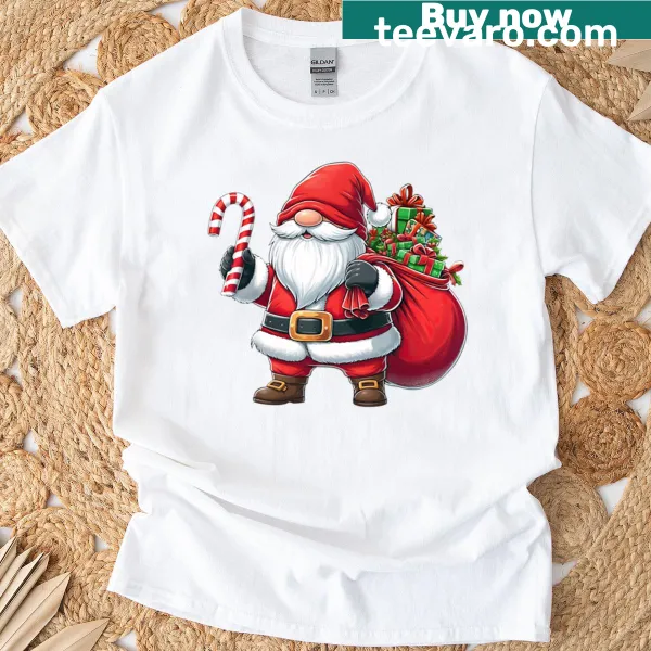 Kids Christmas T-shirt featuring a gnome in a Santa outfit
