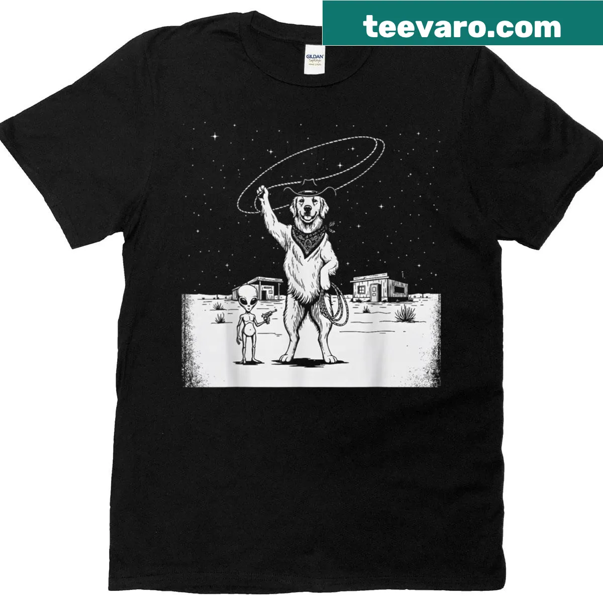 Vintage-style t-shirt with a golden retriever in a cowboy hat — on a men's t-shirt