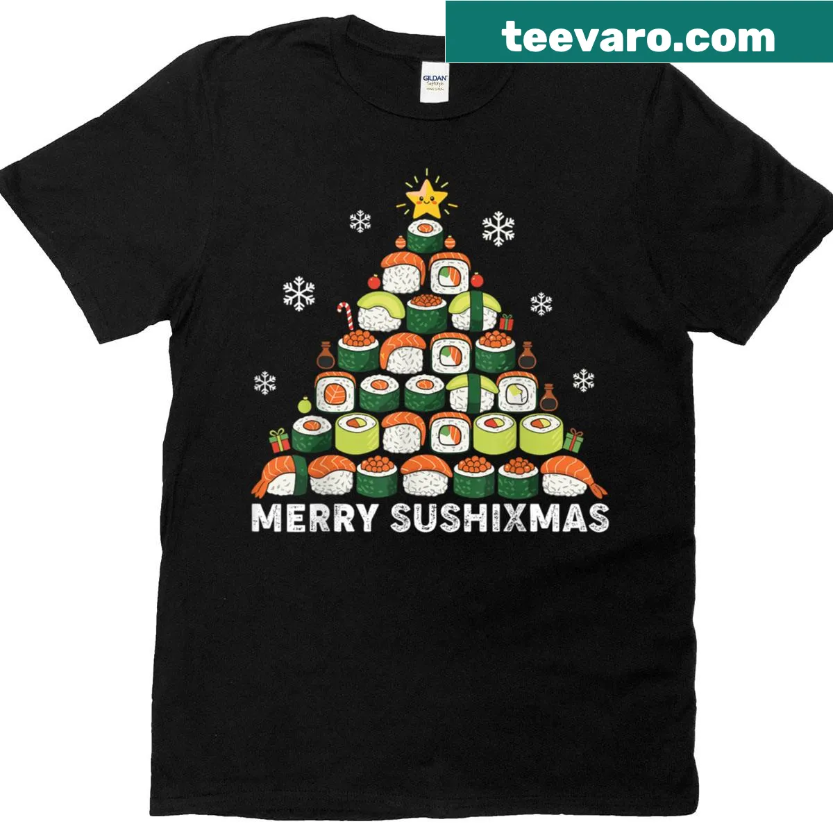 Sushi Christmas tree graphic on a festive t-shirt — on a men's t-shirt