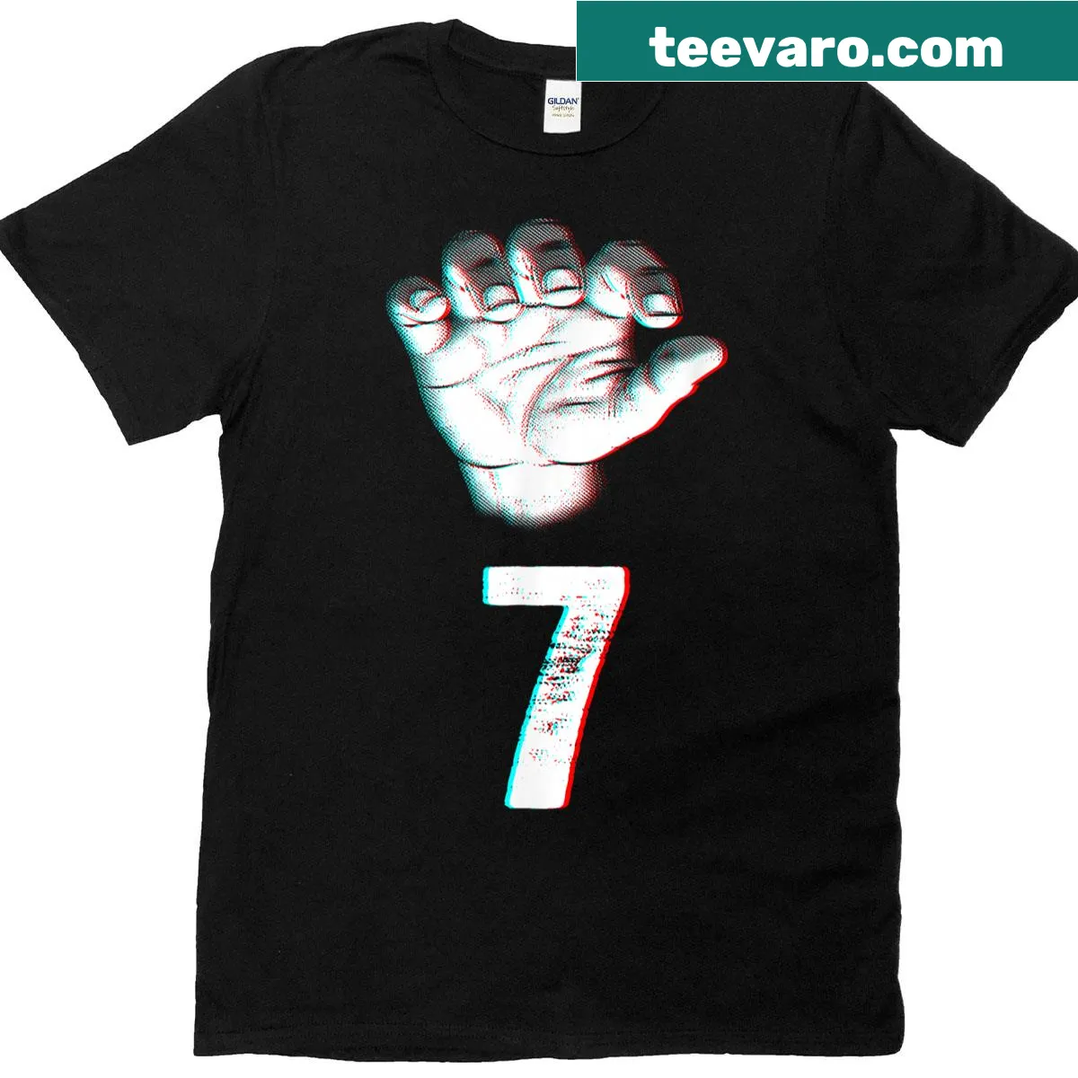 Humorous t-shirt featuring the number 7 matching with 67 meme — on a men's t-shirt