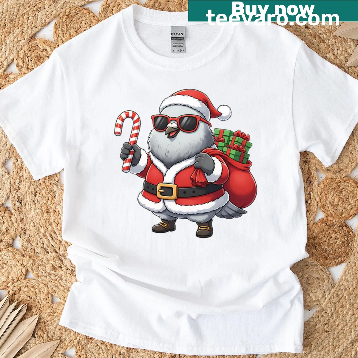 Kids T-shirt featuring a funny pigeon in a Santa outfit — on a men's t-shirt
