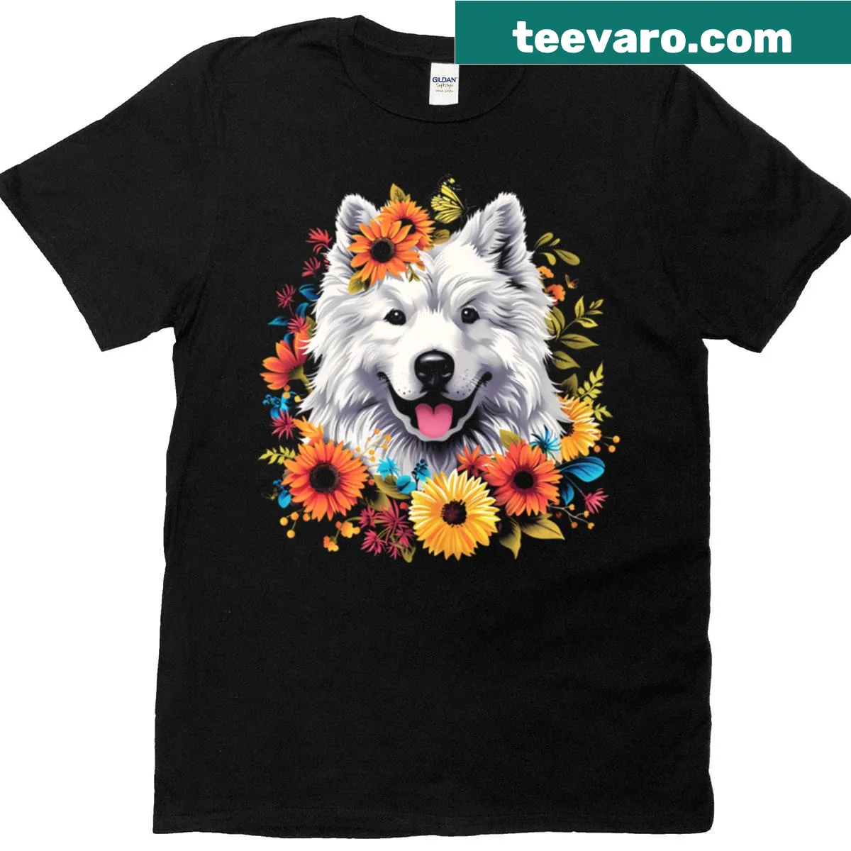 Cute Samoyed T-shirt with floral design — on a men's t-shirt