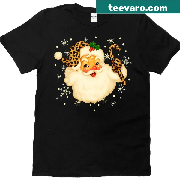 Cartoon Santa Claus face with a leopard-print Santa hat for Christmas