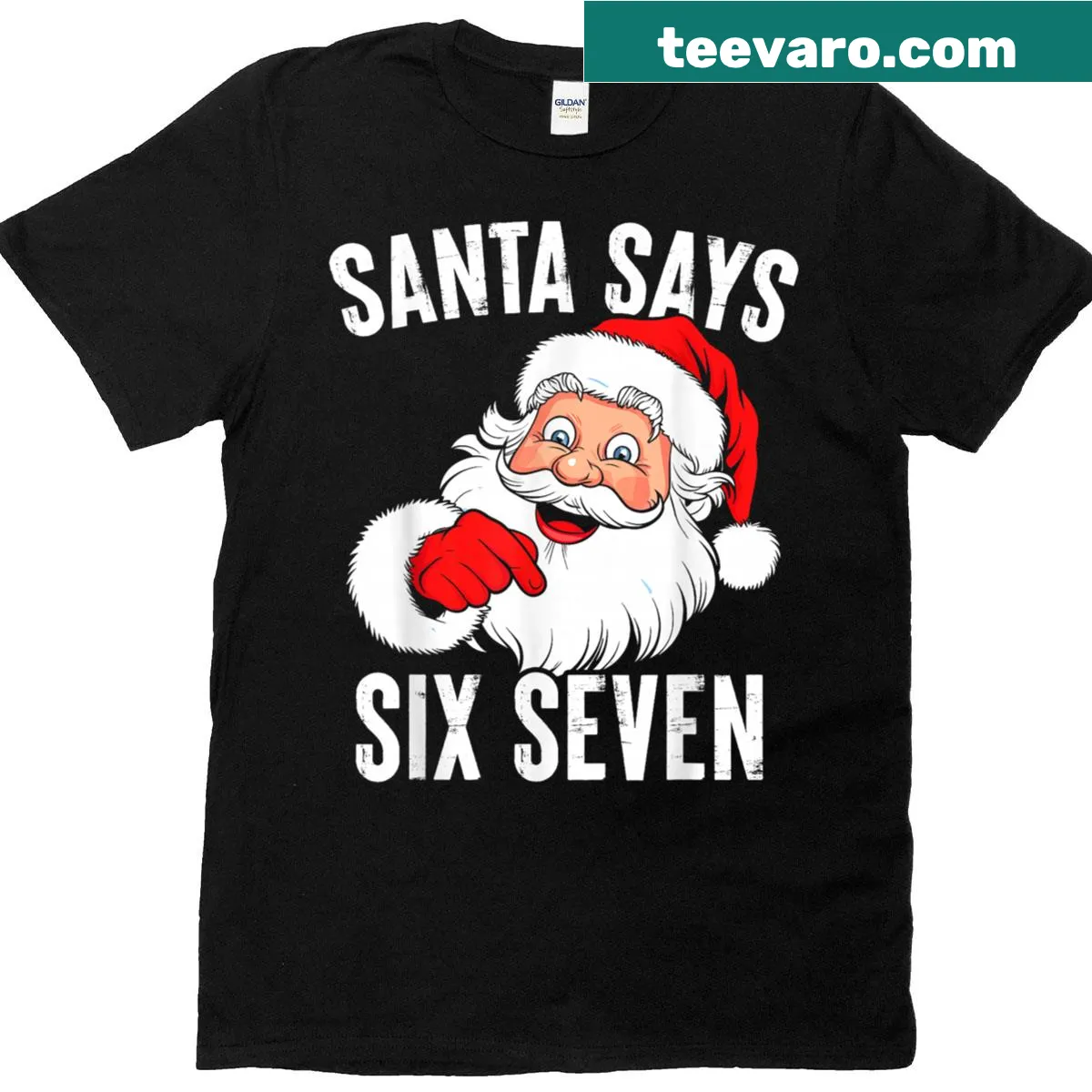 Humorous Santa graphic with text 'Funny Santa Says Six Seven' for kids — on a men's t-shirt