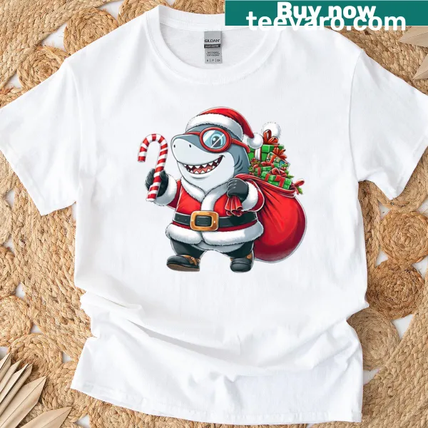 Funny T-shirt with shark in Santa outfit illustration