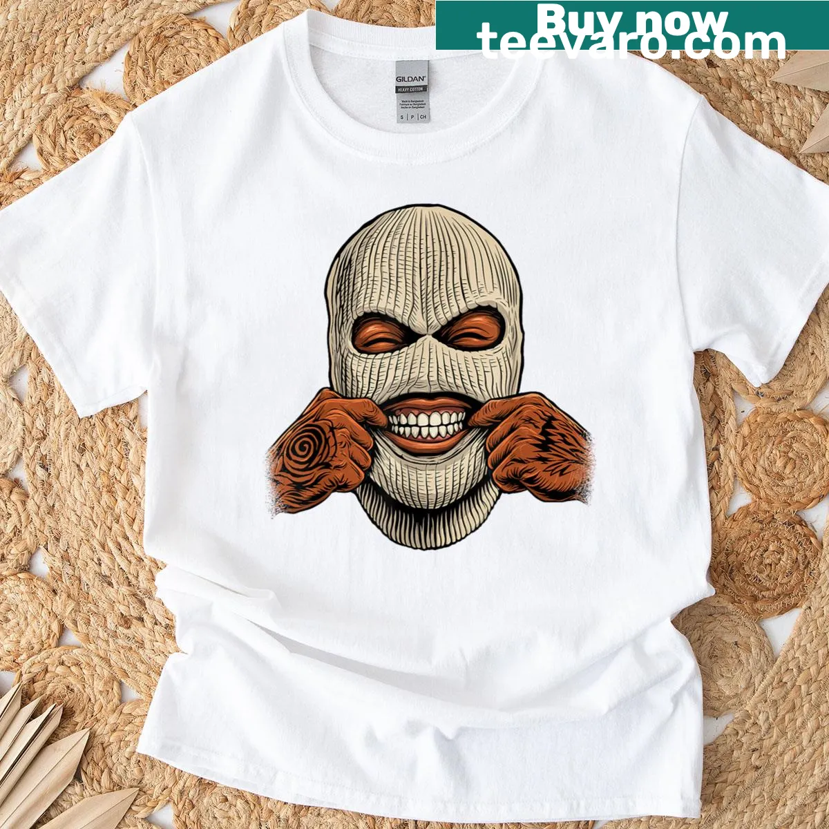 Vintage gangster ski mask graphic on hip hop T-shirt — on a men's t-shirt