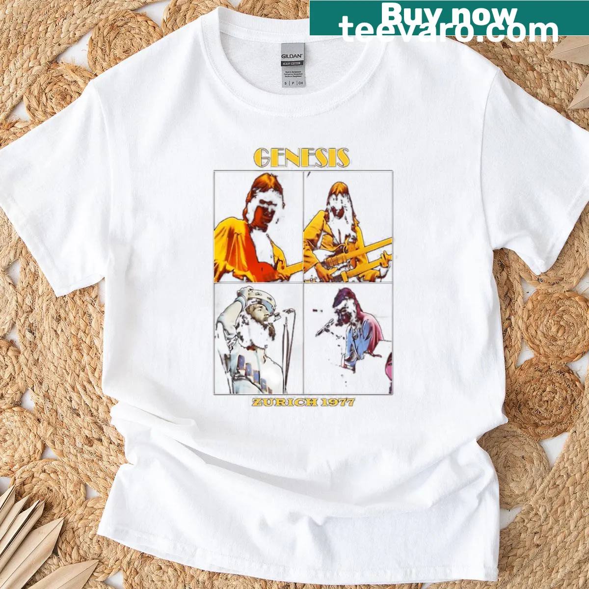 Vintage Genesis band Zurich 1977 T-shirt with distressed design. — on a men's t-shirt
