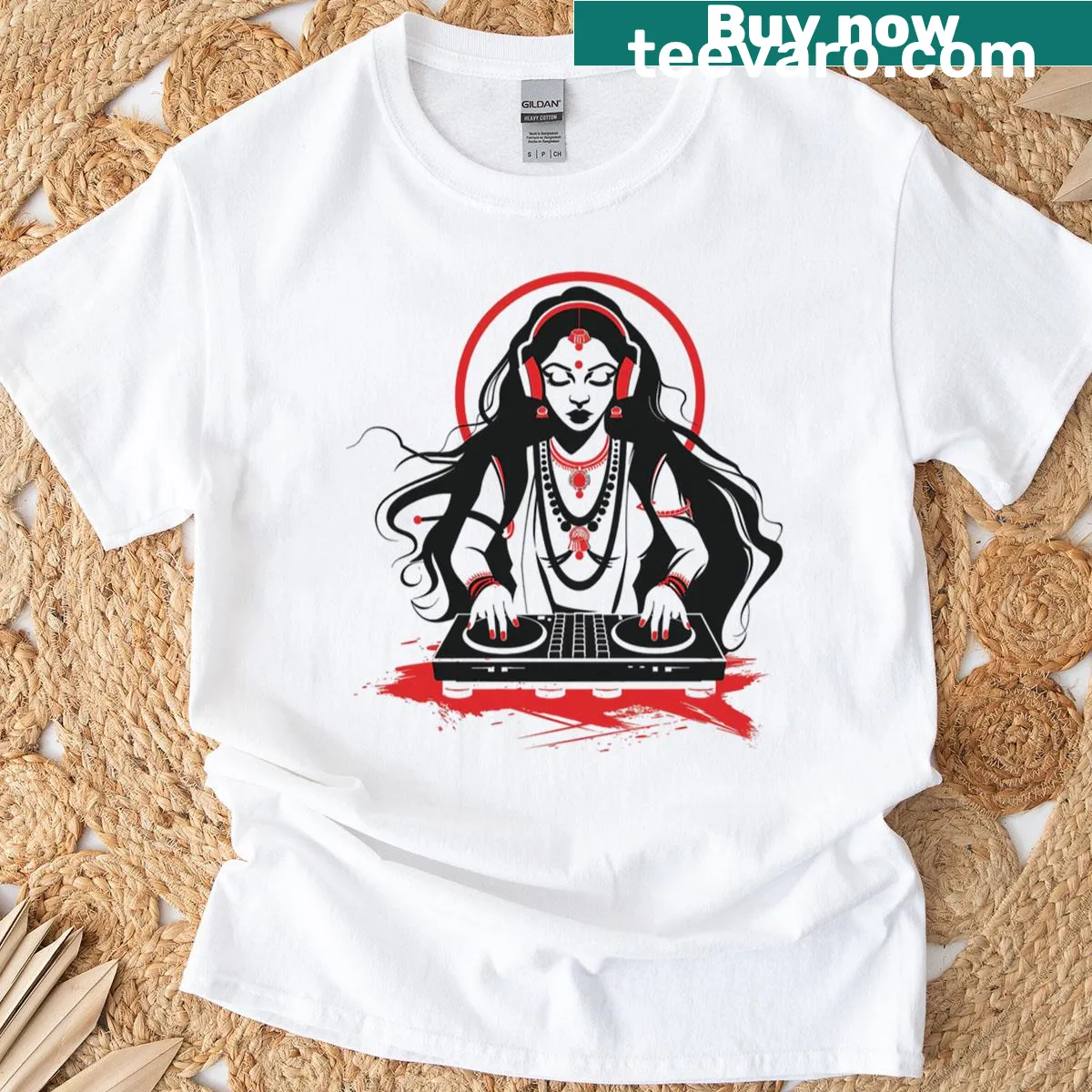 Artistic t-shirt depicting Goddess Saraswati as a DJ — on a men's t-shirt
